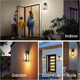 Collage of outdoor lighting fixtures in various settings including indoor, garden, doorway, and aisle.